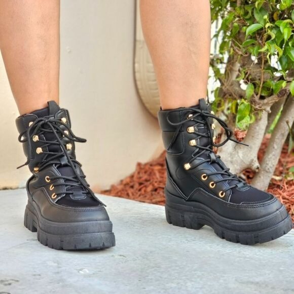 Women's Black Chunky Block High Heel Ankle Combat Booties - Picture 1 of 6